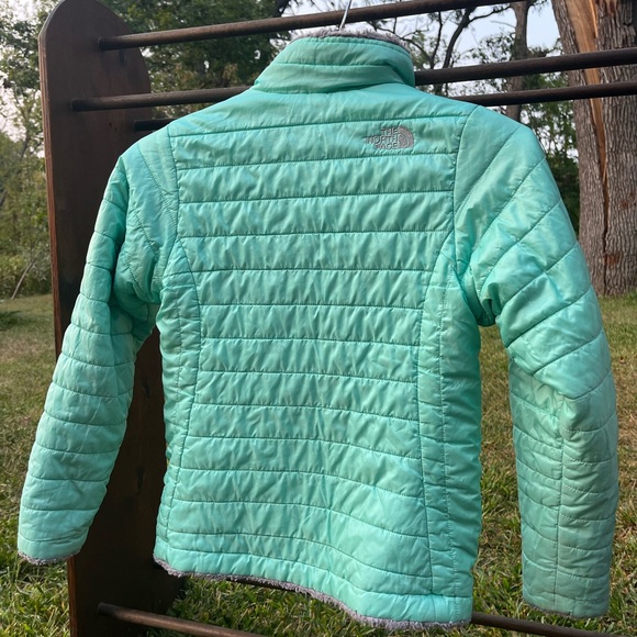 North Face Girls 8-10 Jacket Coat Gray Plush Fleece/Aqua Zipper & Pockets - Picture 10 of 15